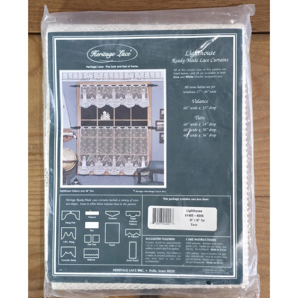 Vintage Heritage Lace Lighthouse Tier Curtain 60x36 Ecru NOS Nautical USA